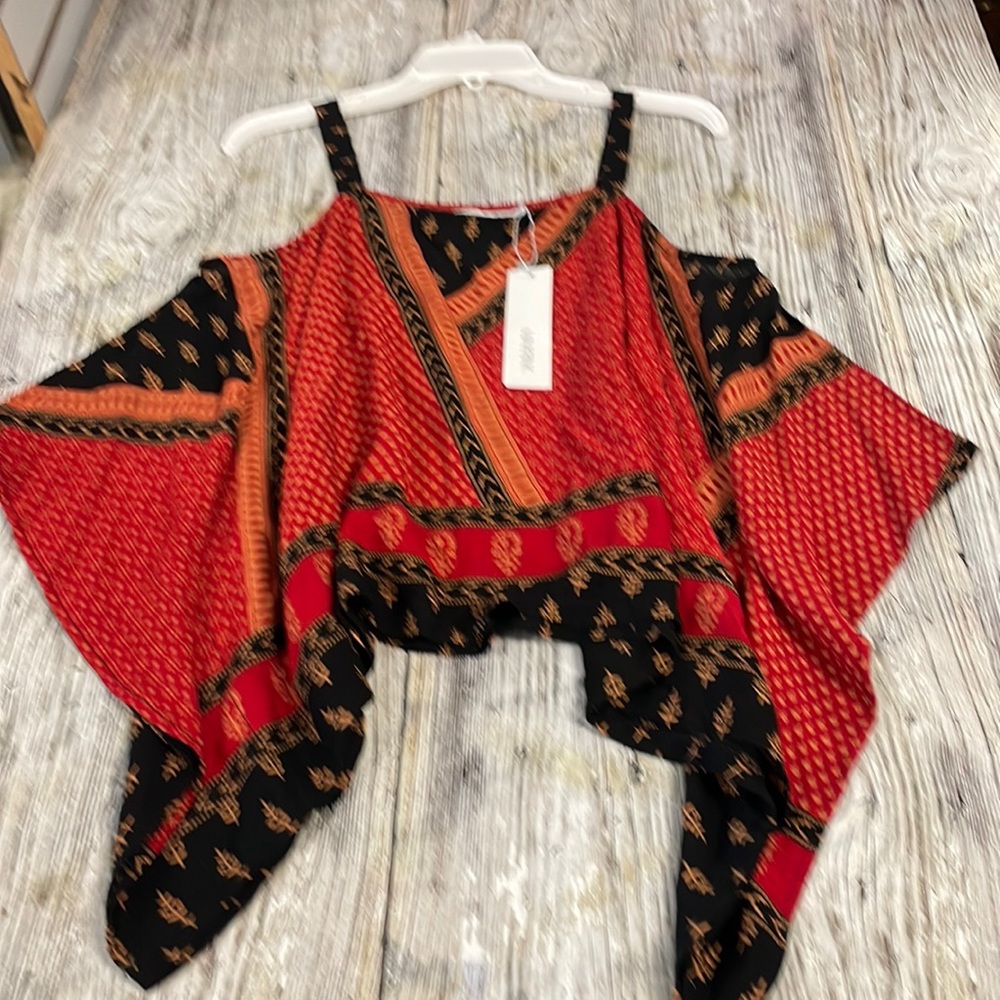 Nwt MINKPINK Cold Shoulder Boho Print Kimono Blouse xs Batwing Festival